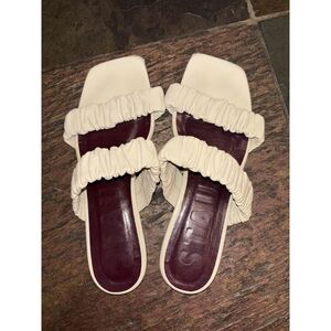 STAUD Ruched Leather Flat Sandals Cream 38 7.5 Portugal Open Toe Slip on Elastic